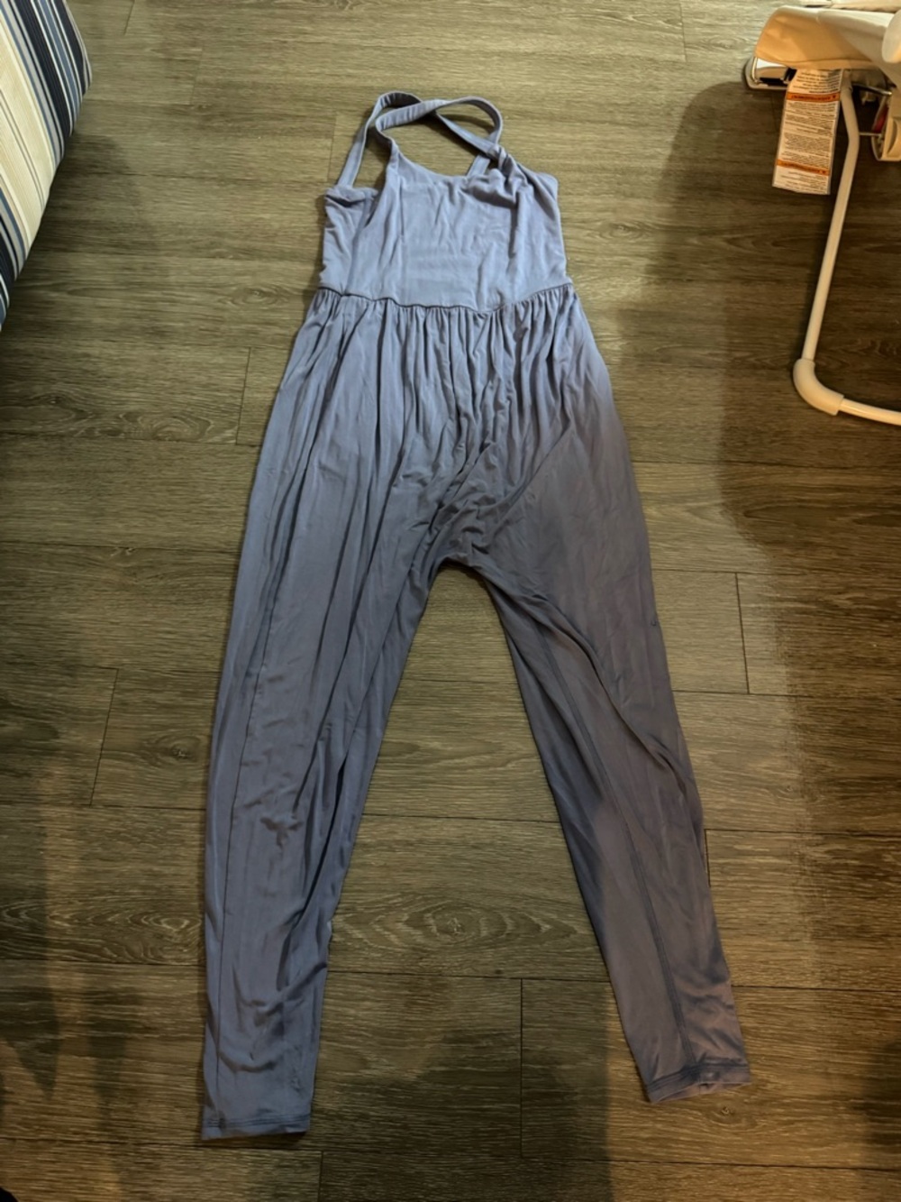 Soft Blue Sleeveless Halter Jumpsuit with Gathered Waist